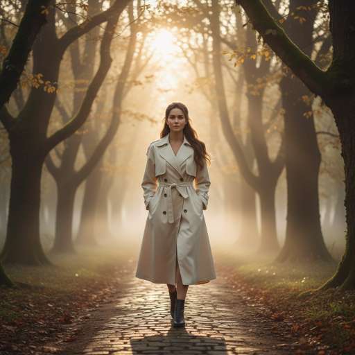 Mara walking through a city park at sunset