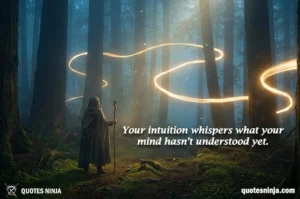 A lone figure standing in a quiet forest at dusk, tall trees fading into mist. A subtle glowing light trail winds gently through the trees