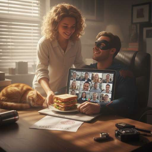 The superhero sits tall at the desk, cape smoothed out, beside his roommate