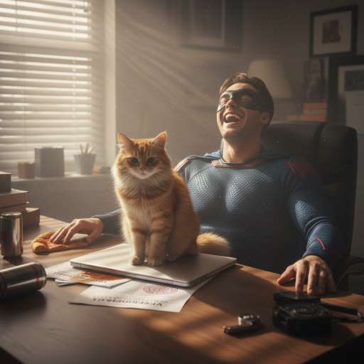 The superhero surrounded by chaos & a cat proudly sitting on the keyboard
