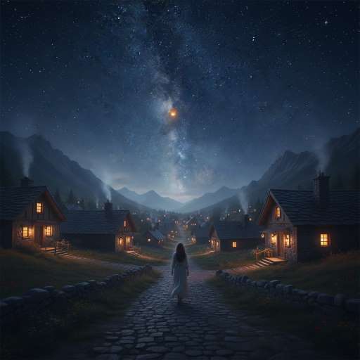 Village at Night with Lantern Among Stars