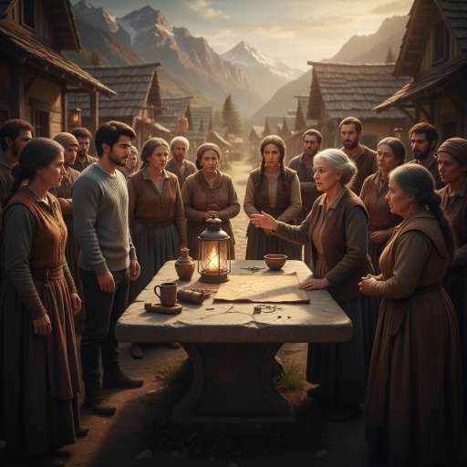 Villagers gathered around a stone table