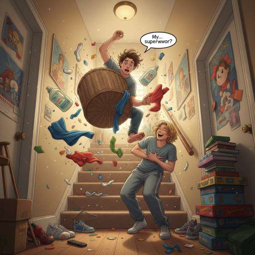 Humor is my superpower: a young adult tumbles down the stairs tangled in a laundry basket
