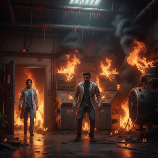 sublevel generator room engulfed in flames. Mara and Keon in the room